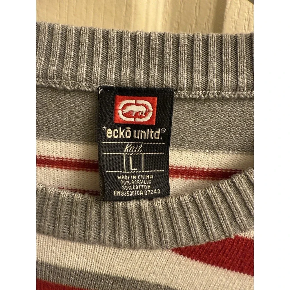 Vintage Y2K Ecko Unlimited‎ Knit Sweater Men Large Grey Red White Striped EUC